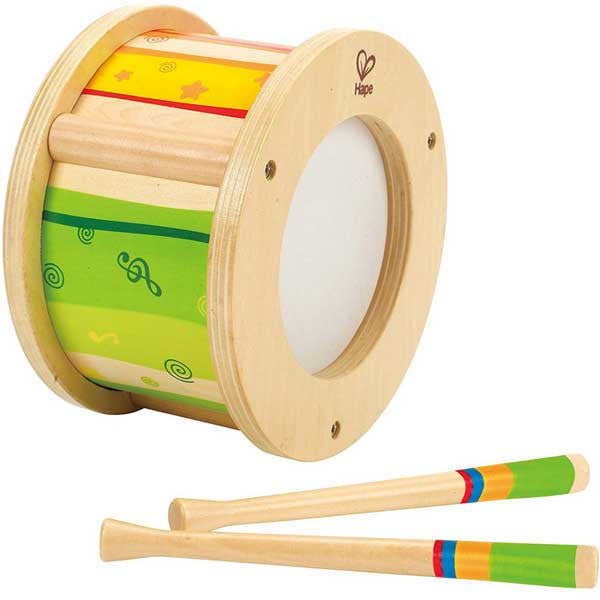 Child-sized drum and drumsticks